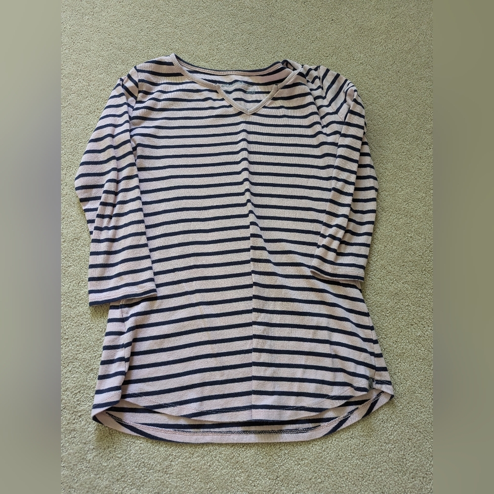 Pink and navy striped modest shirt